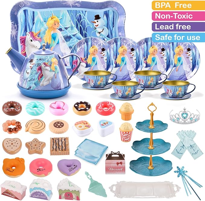 Golray Tea Party Set for Little Girls Toys, 49Pcs Kid Tin Tea Set & Luxury Food Playset & Carry Case, Kitchen Pretend Play Toy 3-5 Years Toddler Girls Birthday Gift