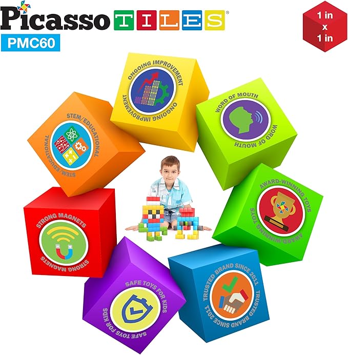 PicassoTiles 60 Pieces 1" Magnetic Building Blocks, 3D Construction Cubes Magnet Sensory Toys Gifts with Free Idea Book for Kids, Toddlers & Babies - PMC60