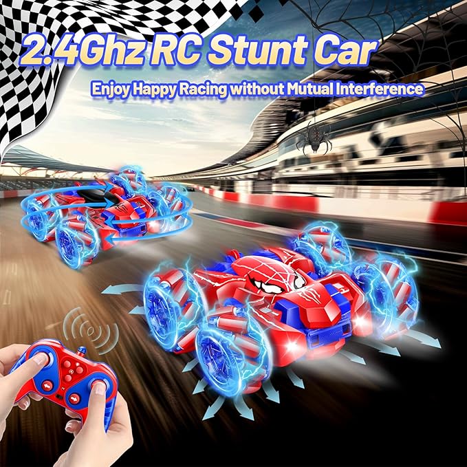 Remote Control Car for Kids - Spider 360° Flip Double-Sided RC Car, 4WD Rechargeable Drift Racing Toy with Strip Lights & Headlights - Birthday Gifts for Boys Girls Ages 4-12