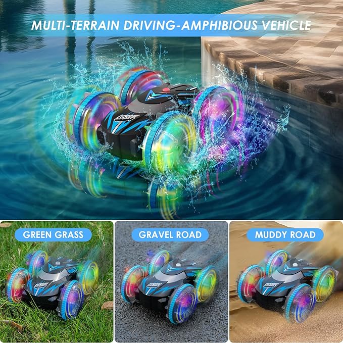 Beach Amphibious Remote Control Car Toys,2.4 GHz Remote Control Boat Waterproof, All Terrain RC Stunt Car with LED Lights, Land Water Boat Birthday Gifts Toys for 6-12 Year Old Boys Girls