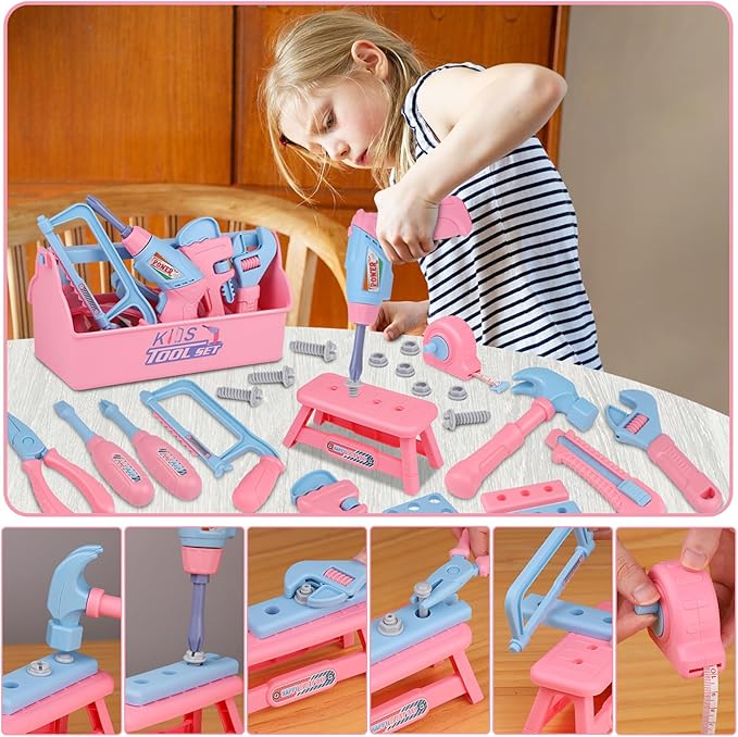 Kids Tool Set, 48PCS Toddler Tool Set with Electronic Toy Drill & Kids Tape Measure,Pretend Play Construction Toys Costume with Kids Tool Belt & Gloves,Toy Tools Box for Girl Boy Ages 3-8