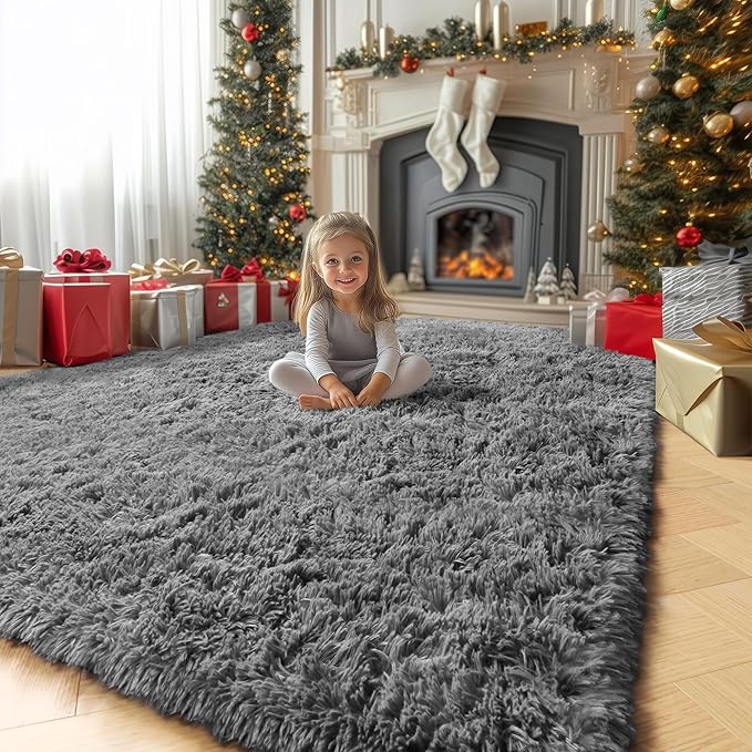 Amdrebio Grey Modern Fluffy Living Room Rugs,5x8 Rug,Furry Area Rug for Bedroom,Shaggy Indoor Rug for Kids Room,Plush Fuzzy Rug for Living Room Decor,Soft Farmhouse Carpet for Home Office Playroom