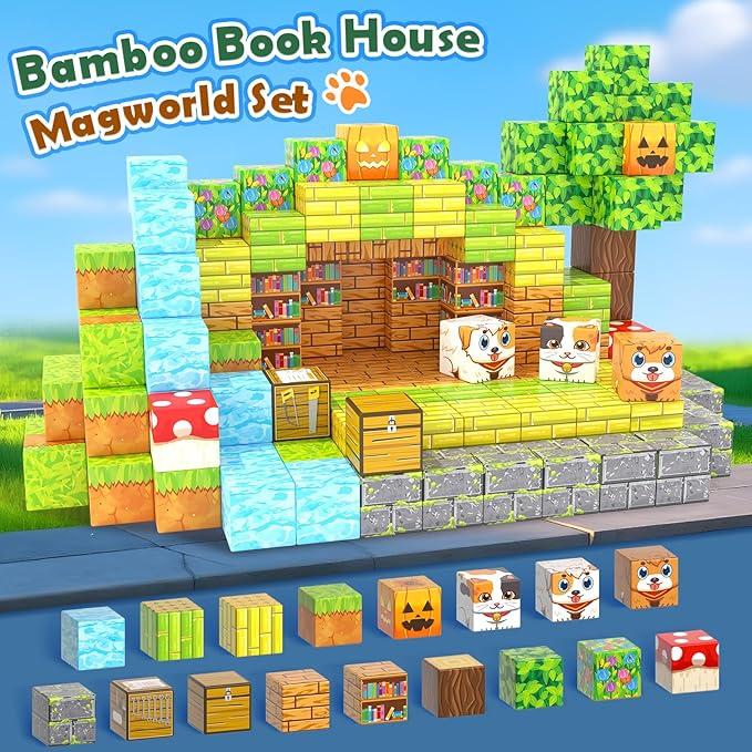 Large Magnetic Blocks 1" Building Cubes Toys for Kids Ages 4-6 5-7 8-12, Magworld Bamboo House Building Craft Construction Toy Set, Creative Sensory Toys Game Gift for 3+ Year Old Boys Girls