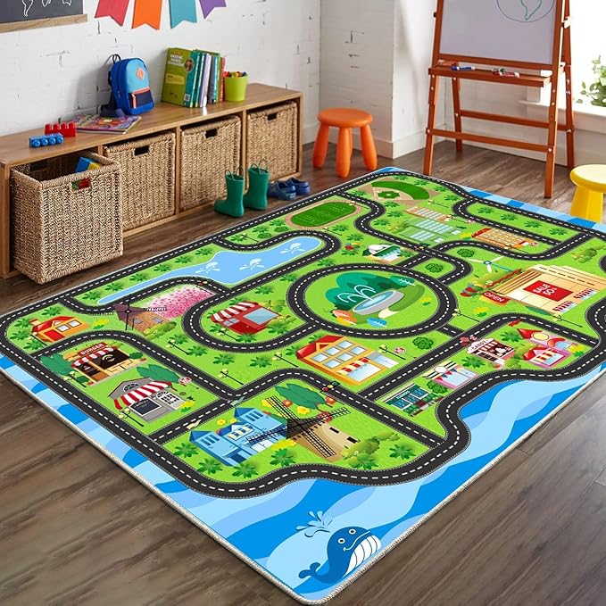 Car Rug,Kids Play Rug with Roads,Playroom Non Slip Car Track City Map for Bedroom Classroom - (78.7X59 Inches)