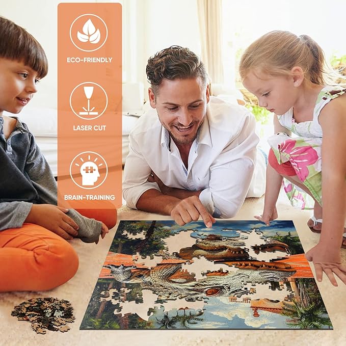 Wooden Puzzles for Adults, Outdoor Alligator Jigsaw Puzzles 200 Pieces, 11.2x11.2in, Unique Shaped Cool Reptile Animal Wood Adult Puzzle, Best Gifts for Adults and Kids Family Game