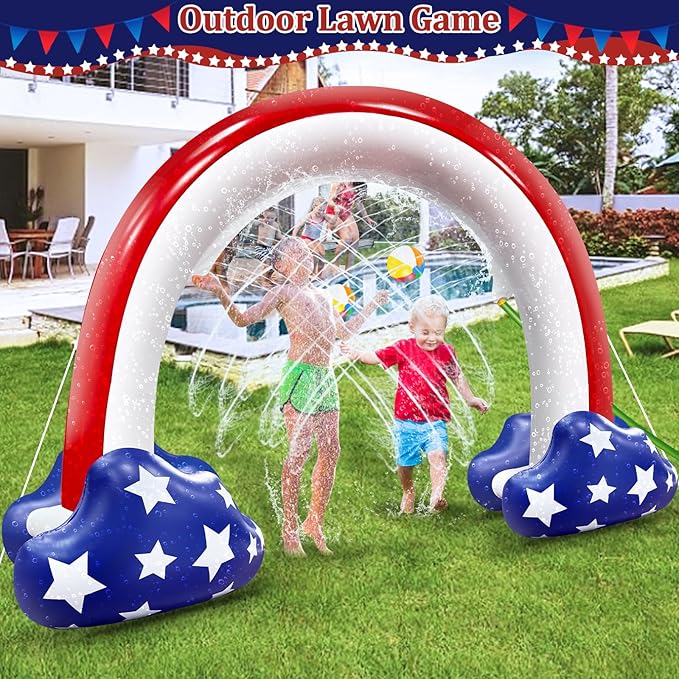 4th of July Inflatable Sprinkler for Kids, 8F * 5.5F American Flag Sprinkler Outdoor Water Toys for Kids Adults 4th of July Independence Day Summer Water Party Backyard Outside Games Activities