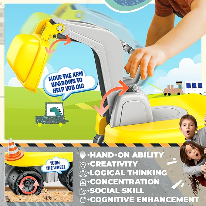 BELLOCHIDDO Ride-On Excavator Toy with Safety Helmet & Tool Kit - Toddler Beach Toy Sand Play Set Kids Excavator, Pretend Construction Set with Tools, Outdoor Learning Toys for Boys Girls