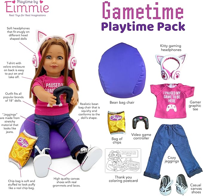 Playtime by Eimmie 18 Inch Doll Clothes and Accessories - Gamer Girl Outfit with Shoes, Clothing Sets & Stuff - Fits American, Generation & Other 18" Dolls for Girls