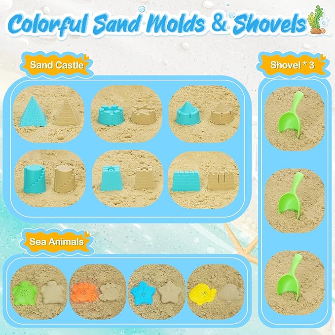 Collapsible Foldable Beach Sand Buckets and Shovels Set - Beach Toys for Kids with Mesh Bag & Sand Molds, Silicone Beach Sand Pails for Travel, Kids and Toddlers