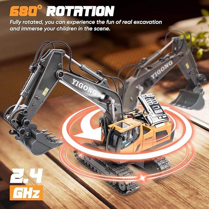 Remote Control Excavator Toy for 6 7 8 9 10 Years Old Kids, 2×1200mAh 11 Channel RC Digger with Metal Shovel, 680 Degree Rotation 2.4Ghz Simulated Sound & Lights, Ideal Gift for Birthday