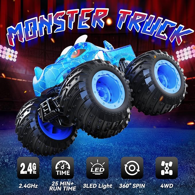 Remote Control Car, 2.4GHz Monster Trucks Toys with Light Spray, Birthday Gift for Kids 3 4 5 6 7 8, All Terrain RC Cars, Toddler Toys for Boys Girls 3+ Year Old