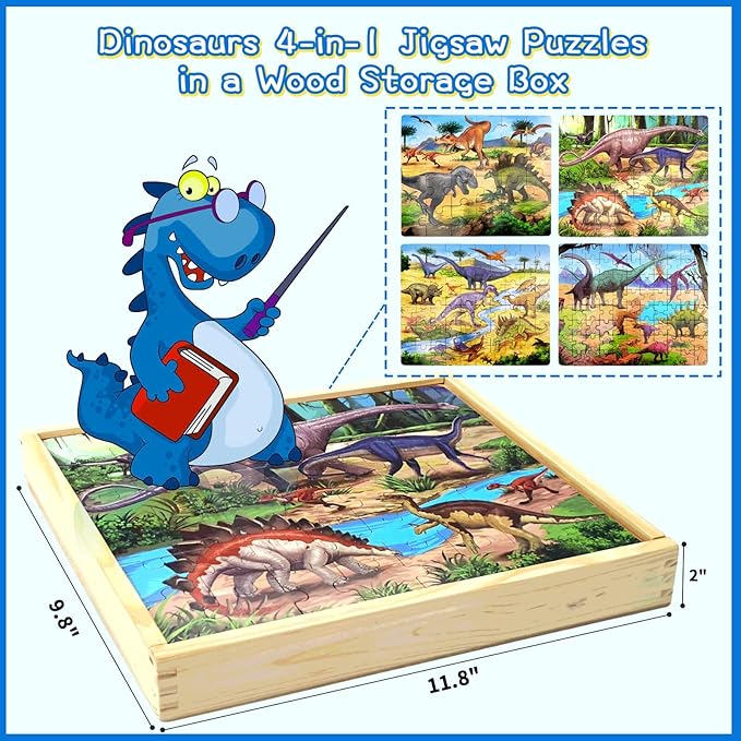 Wooden Puzzles for Kids Ages 4-8, Dinosaurs 4-in-1 Jigsaw Puzzles in a Wood Storage Box, 24 48 60 88 Pieces Dinosaur Puzzles Toys for Toddlers Kids Ages 3 4 5 6