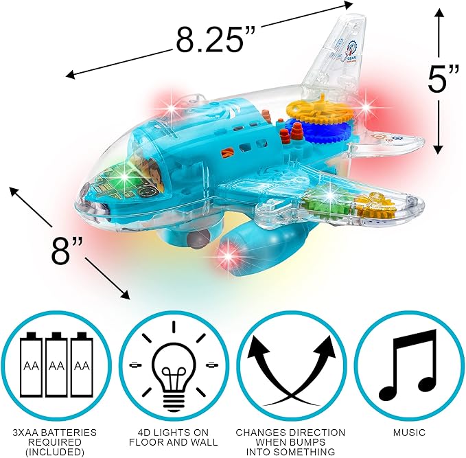 ArtCreativity Light-Up Transparent Airplane Toy for Toddlers 1-3, Fun Bump-and-Go Plane Toy for Kids 3-5, with Colorful Moving Gears, Music, and LED Effects - Perfect Airplane Gift for Boys and Girls
