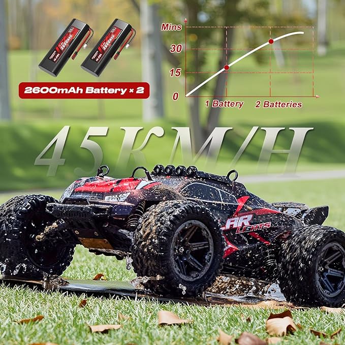 1:8 Fast RC Cars for Adults, 45KM/H High Speed Off-Road Remote Control Truck, 2.4GHz All Terrain RC Car with LED Lights, 2 Rechargeable 2600mAh Batteries, Waterproof, Gift for Men Kids