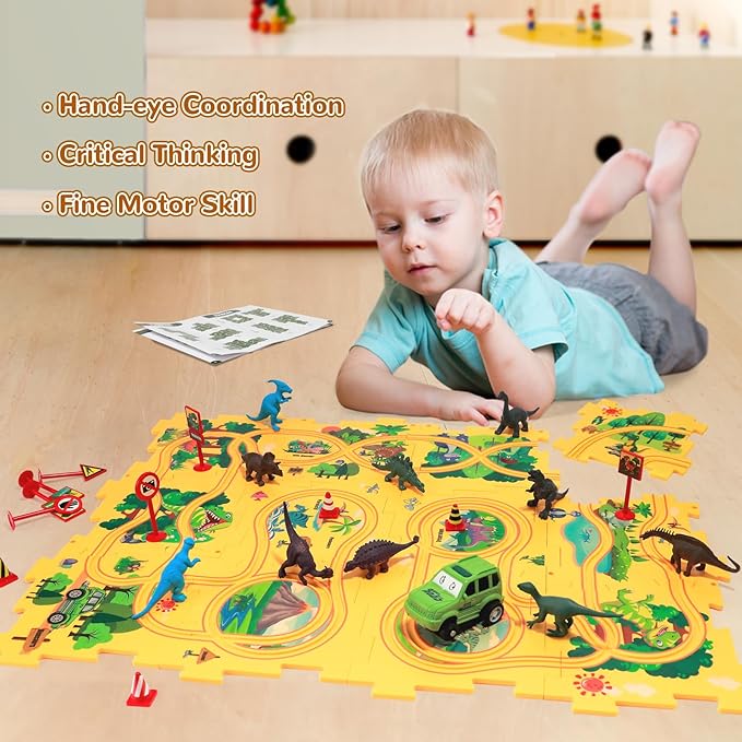 Puzzle Track Car Play Set with 12 Dinosaur Figures, Plastic Railcar Floor Puzzles for Kids Ages 3-5 with Vehicles, Toys Gifts for 3 4 5 6 Year Old Boys