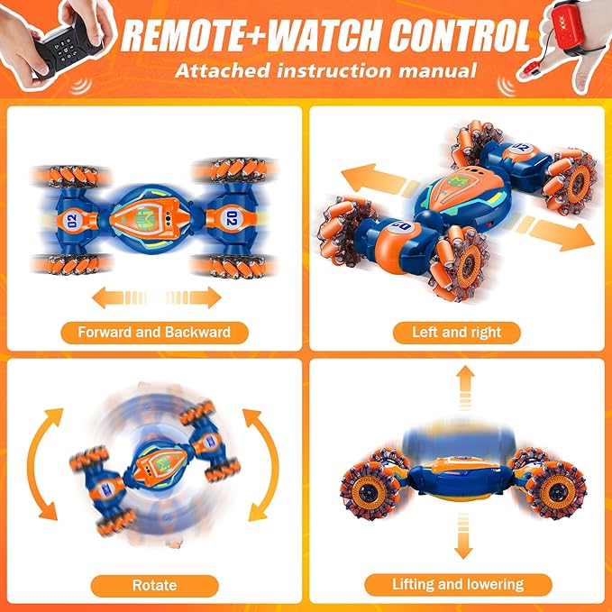 Rc Car Boys Toys 6-8 Years Old,Cool Birthday Gifts for Boys Ages 8-13 4WD Gesture Sensing Rc Stunt Car for Ages 5 7 9 10 Years Old Kids with Light and Music,Large-Orange