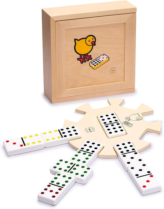 Yellow Mountain Imports Chicken Foot Complete Game Set with Double 9 Dominoes, Wooden Case, Hub, and Scorepad