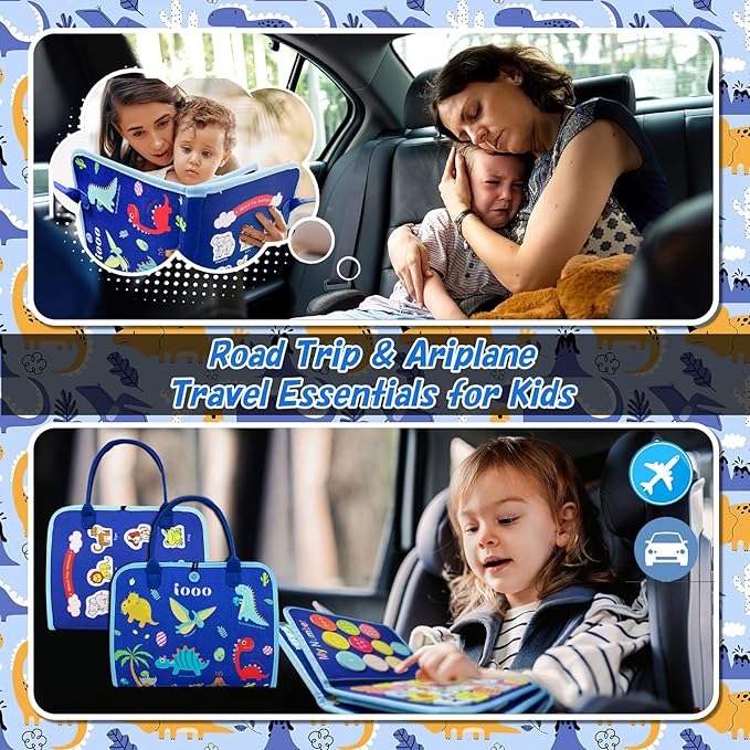 iooo Toddler Busy Board Montessori Toys for 1 2 3 4 Year Old, Sensory Board with Buckles Educational Activities for Learning Fine Motor Skills, Gifts Toy for Girls Boys for Airplane Car (Blue-5)