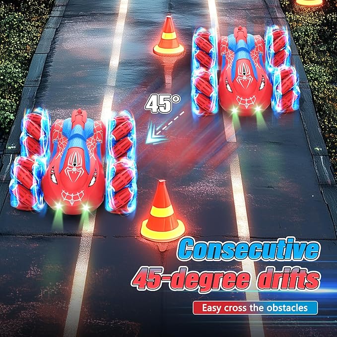 Remote Control Car 2.4Ghz RC Cars with LED Lights Double Sided Off-Road 360°Rotating Roll RC Cars Rechargeable 4WD RC Stunt Car Indoor Outdoor Toys for Boys Girls 6-13 (Red)