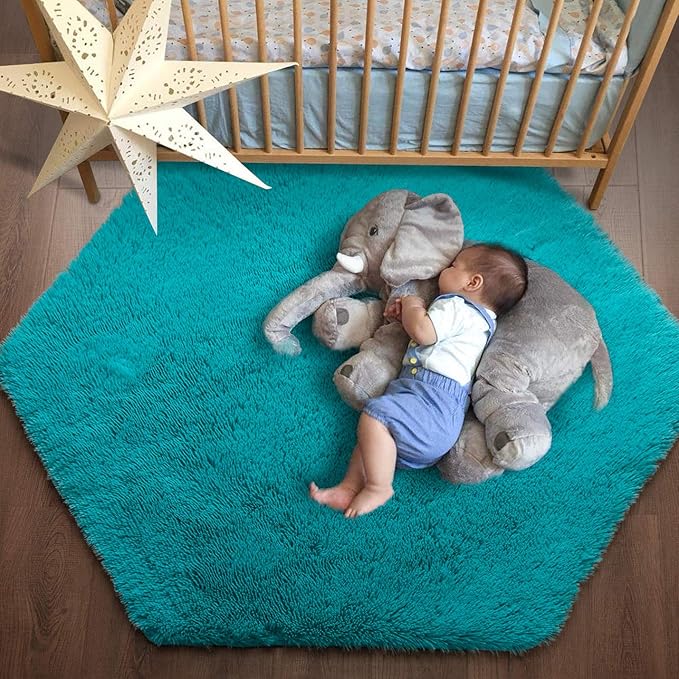 junovo Ultra Soft Rug for Nursery Children Room Baby Room Home Decor Dormitory Hexagon Carpet for Playhouse Princess Tent Kids Play Castle, Diameter 4.6 ft, Teal Blue
