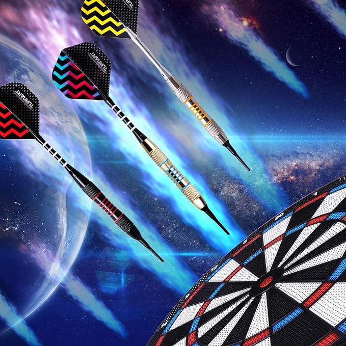 Turnart Darts Plastic Tip - Professional Soft Tip Darts Set for Electronic Dartboard 9 Pcs 18 Grams with 50 Extra Tips 9 Shafts 27 Flights Tool Kit Flight Protectors and Gift Darts Case