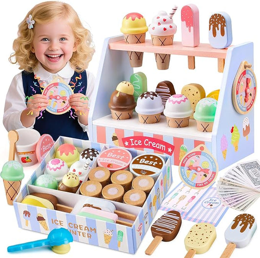 Ehome Wooden Ice Cream Toys Set Pretend Play Food Store for Kids Serve Ice Cream Counter Shop Kitchen Playset with Lucky Wheel, Scoop, Menu, Fake Money for Boys and Girls Ages 3 4 5 6