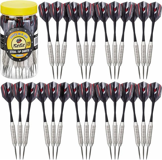 Fat Cat Darts Set in a Jar: Steel Tip Darts with Storage/Travel Container, 20 Grams (Pack of 15, 21 and 27 Darts)