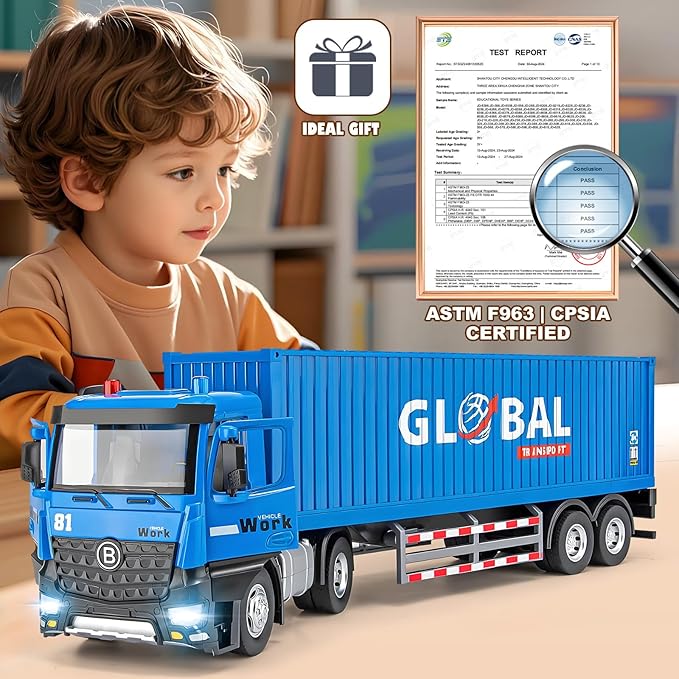 Semi Truck Toy with Metal Cab, Large Tractor Trailer Truck with Lights and Sounds, Friction Powered Cargo Transporter for Kids, Birthday Gift for Toddlers Boys 16.5"