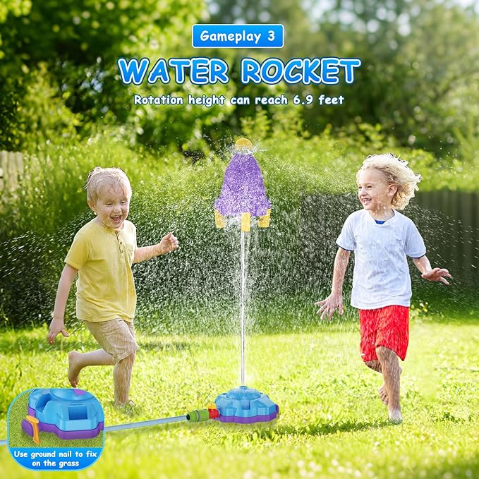 4-in-1 Sprinkler Toys for Kids, Water Outdoor Baseball Rocket Launcher Toy with Water Sprinkler Baseball Toy, Kids Outdoor Sprinkler for Summer Backyard Lawn Pool Party for Ages 3-8 (Blue)