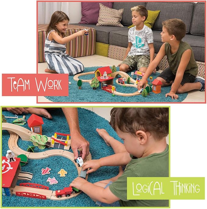 Wooden Train Set - 69 Pieces Wooden Train Tracks & Trains for Kids, Toddler Boys and Girls 3,4,5 Years Old and Up– Premium Wood Construction Toys -Fits Thomas, Brio, IKEA, Melissa and Doug