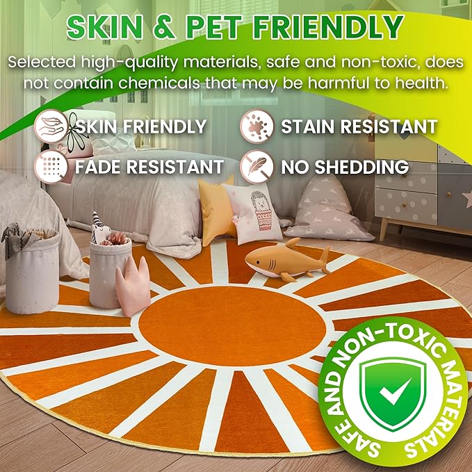 Washable 5Ft Round Sun Rug for Living Room, Brown Sun Modern Abstract Boho Circle Area Rugs, Ultra-Thin Low Pile Lightweight Indoor Carpet Mat with Non-Slip Backing for Bedroom Kids Nursery Playroom