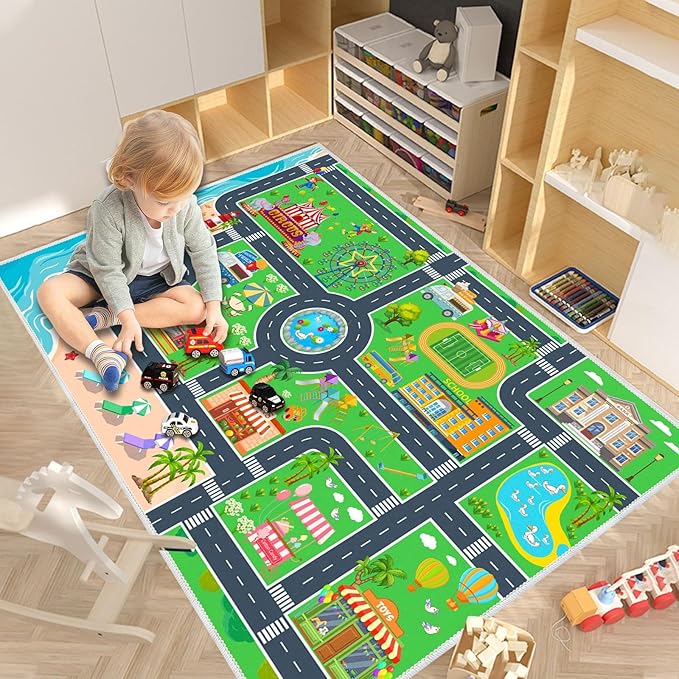 Kids Carpet Playmat Car Rug, Car Rug for Kids Toy Cars and Train, Non Slip Play Mat for Playroom Kids Room, City Life Educational Road Traffic Carpet for Classroom Nursery(Green,79×118in)