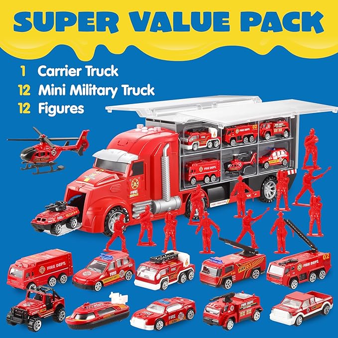 JOYIN 25 in 1 Fire Truck Vehicle Toy Set with Sounds and Lights, Fire Engine Vehicles in Carrier Truck, Mini Rescue Emergency Car Toy, Birthday Gifts for Over 3 Years Old Boys