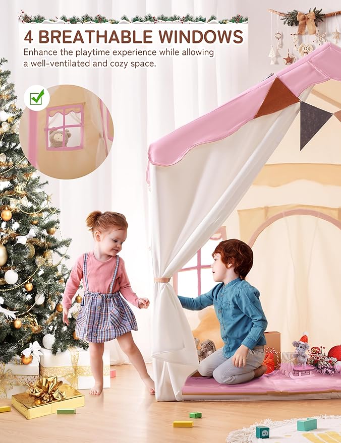 Besrey Kids Playhouse 2 in 1 With Padded Mat and Lights - Large Tent With 2 Doors & 4 Windows for Indoor & Outdoor Use - Christmas Toddler Gift, 51" x 35" x 51"