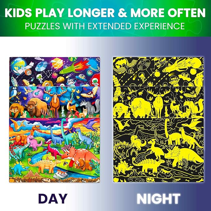 QUOKKA 3x100 Piece Puzzles for Kids Ages 6-8 – Glow-in-The-Dark Puzzles for Kids 8-10 | Space, Dinosaurs, Animals | Fun Educational Puzzle for Boys & Girls – Learning Games & Space Toys Gift for Kid