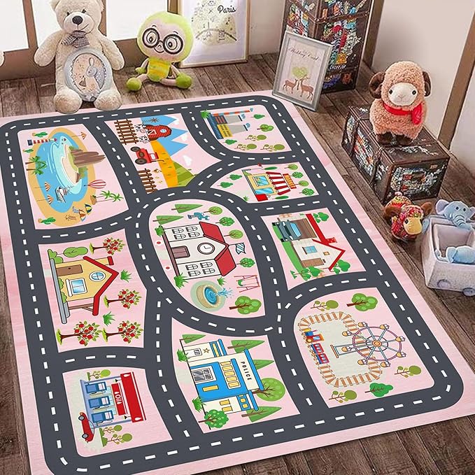 Kids Rug Car Rugs Playmat Carpet for Kids Toy Cars for Playroom Classroom Kids Room, Educational Area Rugs Road Traffic Floor Rug Play Mats, Ideal Gift for Nursery Children Boy Girl 4'x6'