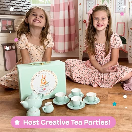 Jewelkeeper Porcelain Tea Set for Little Girls - 13-Piece Tea Party Set with Carrying Case - Kids Tea Set for Ages 3 and Above - Safe and Durable Mini Tea Cup and Saucer Set - Turquoise Polka Dot