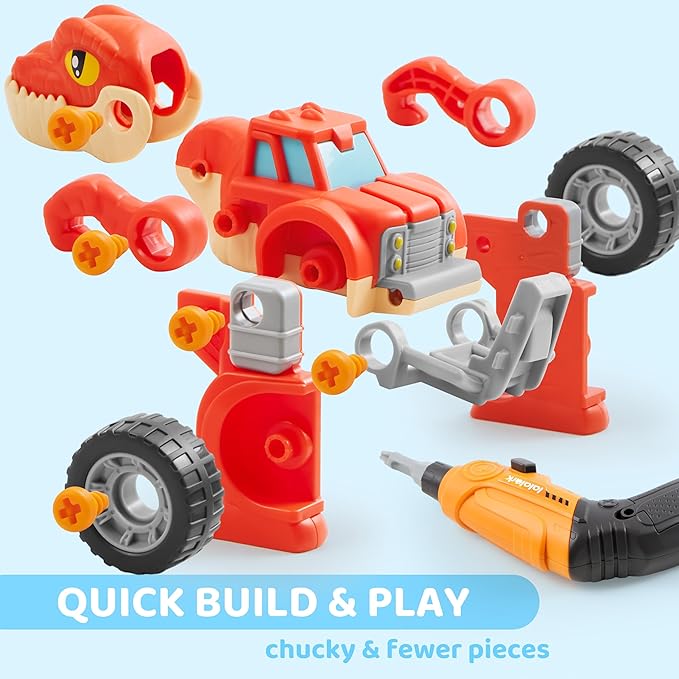 Dinosaur Toys, 3 Pack Take Apart Dinosaur Playset with Electric Drill, Transforming Construction Building Toys, Two-Way Switch, Play Cars for Boys Girls Kids, Christmas Birthday Gifts for Kids