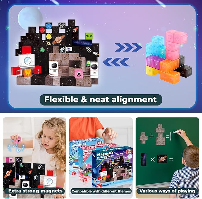 Goody King 100PCS Space Rocket Magnetic Building Blocks |Space Adventure Magnetic Tile Set, STEM Montessori Stacking Toy, Building Playsets for Boys and Girls Ages 3-10,Sensory Tile Christmas