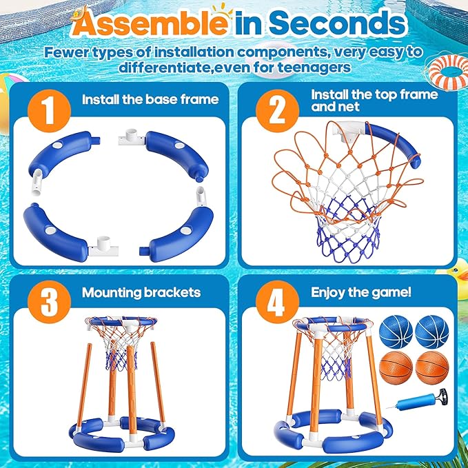 Pool Basketball Hoop Poolside, Floating Pool Toys with 4 Basketballs/1 Pump, Swimming Pool Games for Kids Adults, Water Basketball for Pool Basketball Games for Outdoor Indoor Play