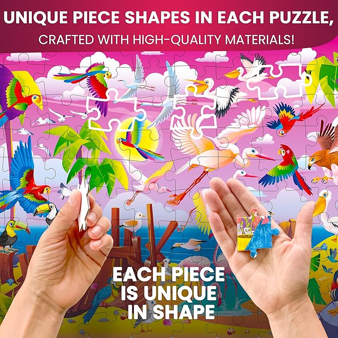 QUOKKA 100 Piece Puzzles for Kids Ages 8-10 – 3XSET Puzzles for Kids Ages 4-6 – Toy for Learning Wildlife Neighbors and Feathered Friends for 5-8 Year Old – Toddler Game Gift for Boy and Girl
