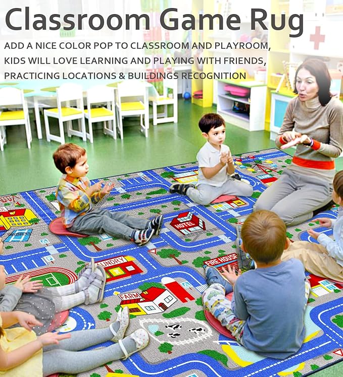 Educational Road Traffic Carpet Kids Carpet Playmat Car Rug Fun City Life Map Kids Car Rug Non Slip Play Carpet for Children Playroom Bedroom Classroom Decor (Blue, 6'6''x9'8'')