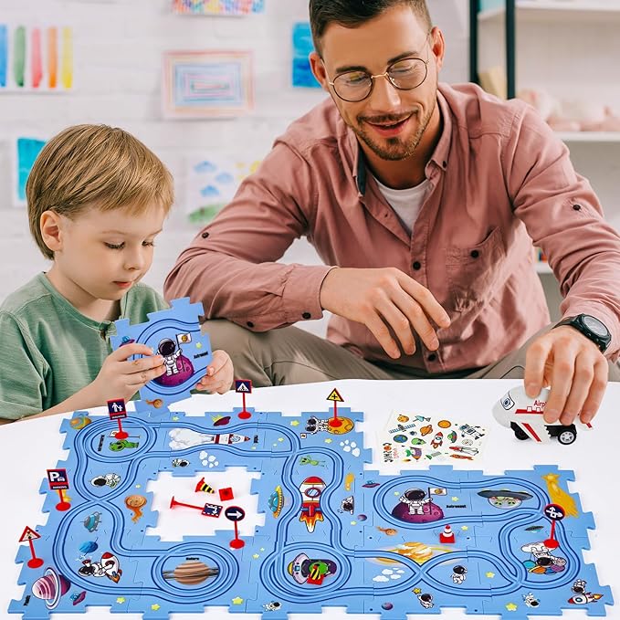 25PCS Puzzle Racer Kids Car Track Set, Puzzle Track Car Play Set, Rail Car Puzzle Track Space Themed Series, Kids Race Track Set, Educational Car Puzzle Toys Gifts for Kids