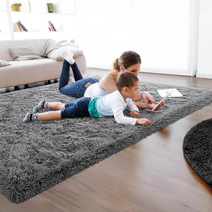 3x5 Grey Fluffy Bedside Area Rug Machine Washable, Small Shag Rugs Non Shedding for Living Room, Fluffy Carpet Anti Slip, Kids Playroom, Boy Girl Nursery