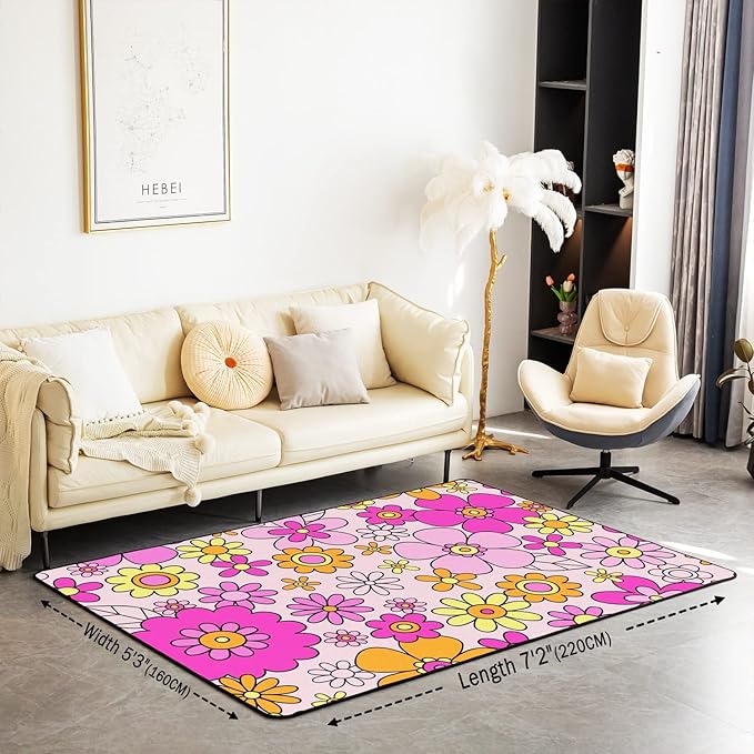 Erosebridal Girls Pink Flowers Area Rug 5x7,Psychedelic Groovy Floral Power Rug Aesthetic,Hippie Vintage 60S 70S Style Carpet Funky Hand Drawn Non Slip Living Room Rugs