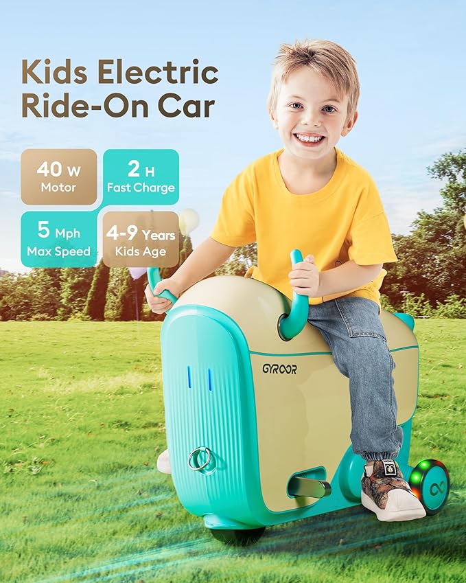 Gyroor GNU Kids Electric Ride-On Car with Flashing Wheels, Adjustable Speeds and 14L Storage, Electric Vehicles for Kids Aged 4-9 Years, 2-in-1 Ride-On and Storage, for Indoor, Outdoor, and Travel Use