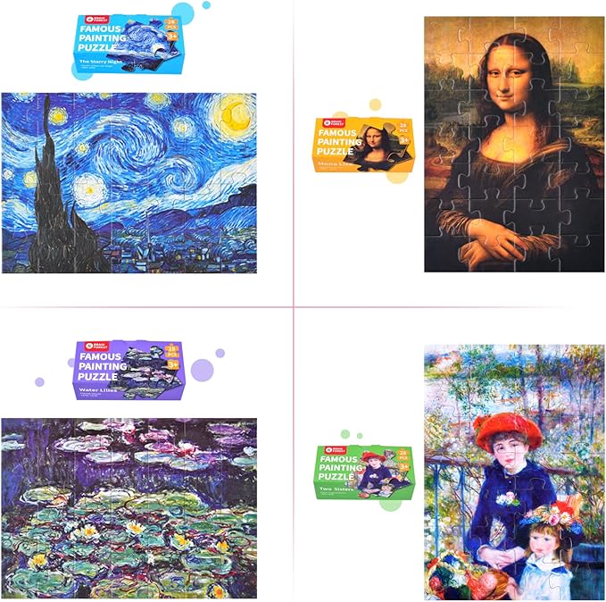 Mini Jigsaw Puzzles,4-in-1 Small Jigsaw Puzzles,Puzzles for Kids Age3+,Famous Painting Art Puzzle,10" x 7" Fun Puzzles,Decompression Puzzle Educational Game,Gifts for Kids Adults