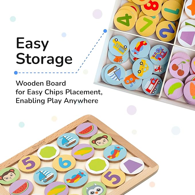 Bimi Boo Wooden Memory Matching Game for Toddlers 3+ Year Old - Memory Match Board Game with Tiles - Cognitive Skill Development Preschool Learning Toy (100 Tiles, 50 Matching Pair Chips, 5 Themes)