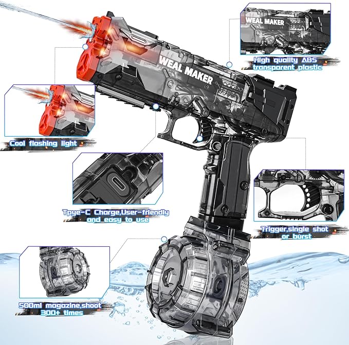 2P 2025 Upgraded Electric Water Gun with LED Flash and Type-C Charging, Automatic Squirt Guns 25-30 FT Range, Realistic Water Pistol for Summer Outdoor Pool Party Kid Sprinkler Toys