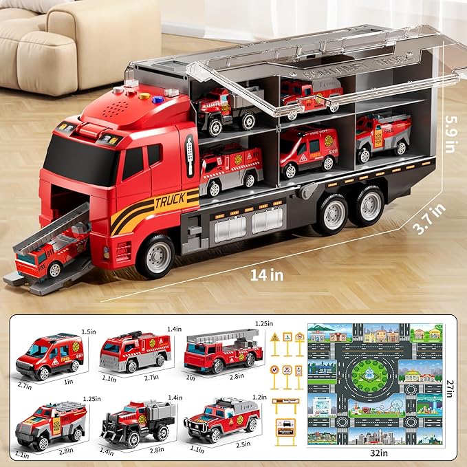 Toddler Boys Toys for 3-5 Years Old, Fire Truck Vehicle Toy Set with Play Mat, Die-Cast Toy Car Carrier Truck for Boys Kids, Birthday Gifts Toys for 3-8+ Year Old Boys
